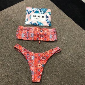 Shein aztec print high cut strapless bikini set